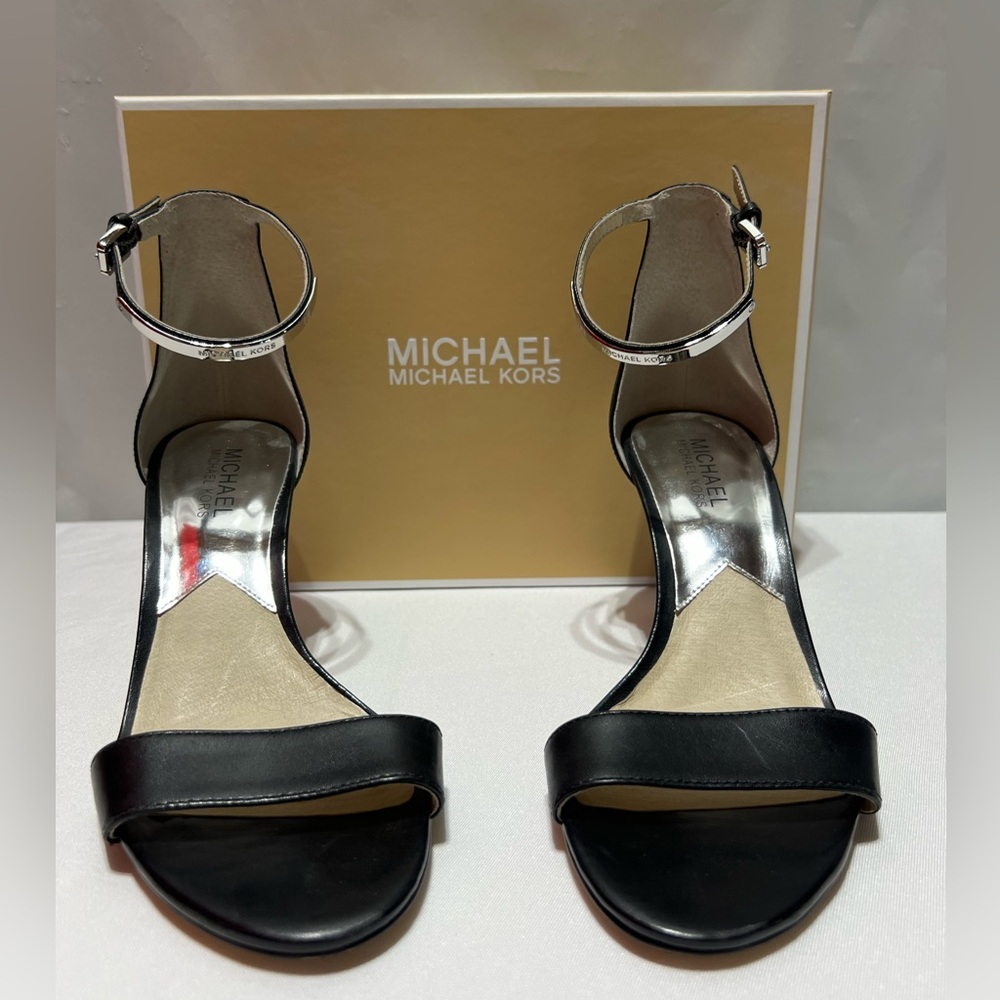MICHAEL Michael Kors Black and Silver Leather Ankle-Strap Heels - Picture 4 of 7